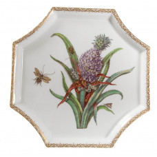 Platte,achteckig, FF-Malerei, Fr&uuml;chte n. Merian m. Schmetterling, bt.m.Kupferf.,Golddek., L 21 cm