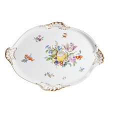 Platte, oval, Frucht- u. Blumenmalerei, alte Manier, bunt, Goldrand, 46x33 cm