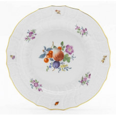 Teller, Frucht-u.Blumenm.,alte Manier,m.Insekt.,bunt,Bukettch.purp.grün,Goldr., 18 cm