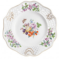 Teller m.H., Frucht-u.Blumenmal.,alte Manier,bunt,purpur u.grüne Bukettch.u.Insekt.,