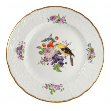 Speiseteller, Frucht-u.Blumenmal.m.Vogel, alte Manier, bunt, Kupferfarben, Golddek., 25 cm