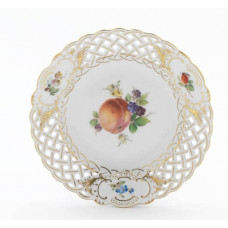 Teller, durchbr., Fruchtmalerei, bunt, Goldrand und Goldstaffage, ø 15 cm