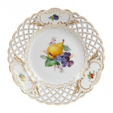 Teller, durchbr., Fruchtmalerei, bunt, Goldrand und Goldstaffage, ø 21 cm