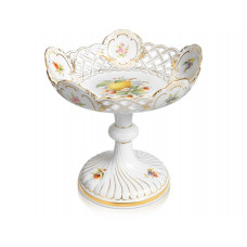 Schale auf Fu&szlig; durchbrochen, Fruchtmalerei, bunt, Goldrand und Goldstaffage, 22 cm