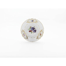Teller, durchbr., Fruchtmalerei, bunt, Schilderornamente goldstaffiert, Goldrand, ø 19 cm
