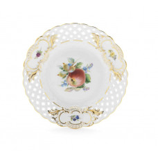 Teller, durchbr., Fruchtmalerei, bunt, Schilderornamente goldstaffiert, Goldrand, ø 21 cm