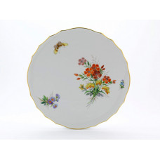 Tortenplatte rund, Blume naturalistisch, bunt, mit Schmetterling, Goldrand, ø 34 cm