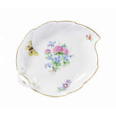 Konfektblatt mit Henkel, Blume naturalistisch, bunt, mit Schmetterling, Goldrand, 20x16,5 cm