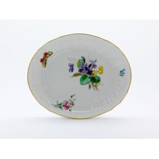 Beilageschale oval, Blume naturalistisch, bunt, mit Schmetterling, Goldrand, 23,5x20 cm