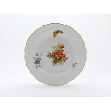 Speiseteller, Blume naturalistisch, bunt, mit Schmetterling, Goldrand, 25,5 cm