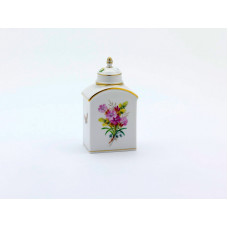 Teedose, Blume naturalistisch, bunt, mit Schmetterling, Goldrand, H 14 cm