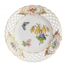 Teller, durchbr., Blume naturalistisch, m.Schmetterling, Schilderorn.goldstaff., Goldr., ø 15 cm