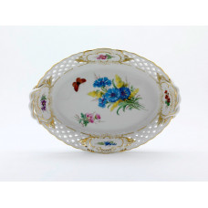 Korb, durchbr.  mit 2 Henkel, Blume naturalistisch, m.Schmetterling, Schilderorn.goldstaff., Goldr., L 25 cm