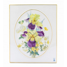 Wandplatte, Blumenmalerei naturalistisch, Schwertlilien, bunt, Goldrand, 20,5 x 25 cm