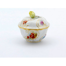 Dose, Blume naturalist.,seitlich,bunt,Hintergrund angedeutet,Golddekoration, 9 cm