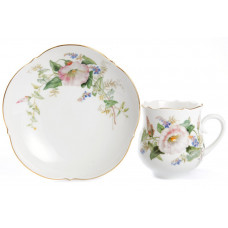 Untertasse zu 23582, Blumenmalerei naturalistisch, Motiv rosa Winde, bunt, Goldrand