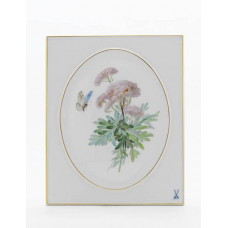 Wandplatte, Blumenmalerei, natural., leicht, bunt, mit Schmetterling, Goldrand, 20,5 x 25 cm