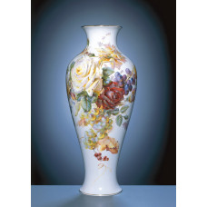Vase, Blumen- und Fruchtmalerei, naturalistisch, ringsum, bunt, Goldrand, H 47,5 cm