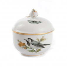 Zuckerdose, Vogel- und Insektenmalerei, leicht, bunt, Goldrand, ø 7,5 cm