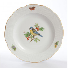 Teller,flach, Vogel- und Insektenmalerei, leicht, bunt, Goldrand, 18 cm