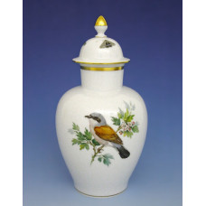 Vase, Vogel- und Insektenmalerei, leicht, bunt, Goldrand, H 23 cm