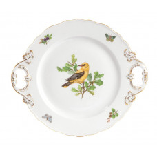 Platte m.H., Vogel- und Insektenmalerei, leicht, bunt, Goldrand, L 30 cm