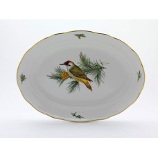 Platte, oval, Vogelmalerei seitlich, leicht, bunt, Goldrand, L 42 cm