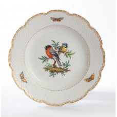 Teller,flach, Vogelm.a.Stamm u.Terrasse,bunt,2 Vögel,Goldfad.u.Goldspiegelf.durchbr., 16 cm