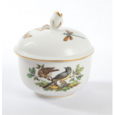 Zuckerdose, Vogelmalerei auf Stamm u.Terrasse, alte Manier, 2 Vögel, Goldrand, Ø 9 cm