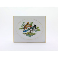 Wandplatte Querformat, Vogelmalerei auf Stamm u.Terrasse, alte Manier, 2 Vögel, Goldrand, 25 x 20,5 cm