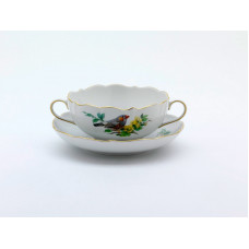 Suppentasse m.U., Vogel- und Insektenmalerei, exotisch, bunt, Goldrand, V 0,35 l