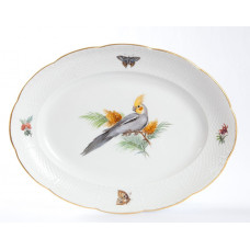 Platte,oval, Vogel- und Insektenmalerei, exotisch, bunt, Goldrand, 35x27 cm