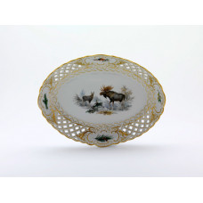 Schale,durchbr. oval, Wildmalerei nach Ridinger, bunt, Goldrand und Goldstaffage, L 27 cm