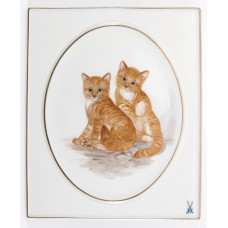 Wandplatte, 2 junge Katzen (Motivangabe), Goldrand, 15 x 18 cm