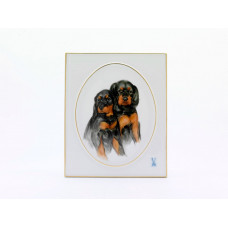 Wandplatte, 2 junge Hunde (Motivangabe), Goldrand, 15 x 18 cm