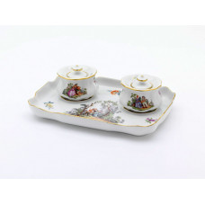 Schreibzeug, Figurenmalerei nach Watteau mit Blume,bunt mit Kupferfarben,Goldrand, 23x16 cm