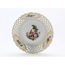 Teller, durchbr., Figurenmalerei n.Watteau m.Blume,bunt m.Kupferfarb.,Goldrand u.Goldst., ø 24 cm