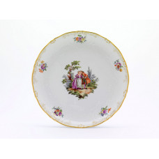Kuchenschale rund, Figurenmalerei n.Watteau m.Blume, bunt m.Kupferf., Golddekoration, 31 cm