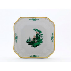 Sch&uuml;ssel viereckig, Figurenmalerei n.Watteau m.Blumen, kupfergr&uuml;n, Golddekoration,Goldrand, L 19 cm