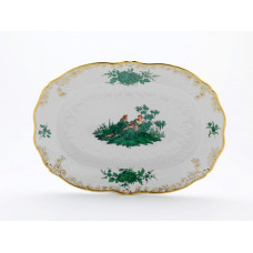 Platte,oval, Figurenmalerei n.Watteau m.Blumen, kupfergr&uuml;n, Golddekoration,Goldrand, L 35 cm