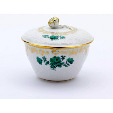 Zuckerdose, Figurenmalerei n.Watteau m.Blumen, kupfergrün, Golddekoration,Goldrand, H 9 cm