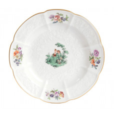 Teller, flach, Figurenmalerei n.Watteau,kupfergrün,Blumenbuk.bunt m.Kupferfarb.Goldr., 20 cm