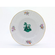 Teller m.H. (o.M. 08475), Figurenmalerei n.Watteau,kupfergrün,Blumenbuk.bunt m.Kupferfarb.Goldr., ø 24,5 cm