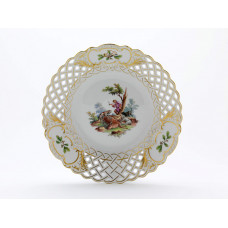 Teller, durchbr., Jagdmotiv nach Ridinger,bunt,Goldrand und Goldstaffage, ø 29 cm
