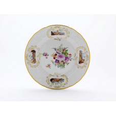 Teller m.H. (o.M. 06475), Seeprospektmal.,Blumenbukett,bunt,Kupferf.4 Goldornamente,Goldrand, ø 25 cm