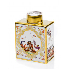 Teedose, Chinoiserien n.Hoeroldt,bunt,im Goldschild, Golddekor.entspr.d.Artikel, H 12,6 cm