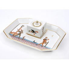 Schreibzeug, Figuren der Italienischen Komödie,Goldrand und Goldfaden, 18x13 cm