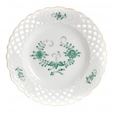 Teller, durchbr., Indische Malerei 1, ohne Kante, grün, Goldpunkte, Goldrand, ø 15 cm