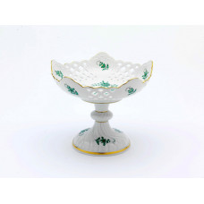 Schale auf Fu&szlig; durchbrochen, Indische Malerei 1, ohne Kante, gr&uuml;n, Goldpunkte, Goldrand, H 17 cm