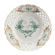 Teller, durchbr., Ind.Malerei 1,o.Kte,grün,Goldpunkte,Schilderorn.goldstaff.,Goldrand, ø 15 cm